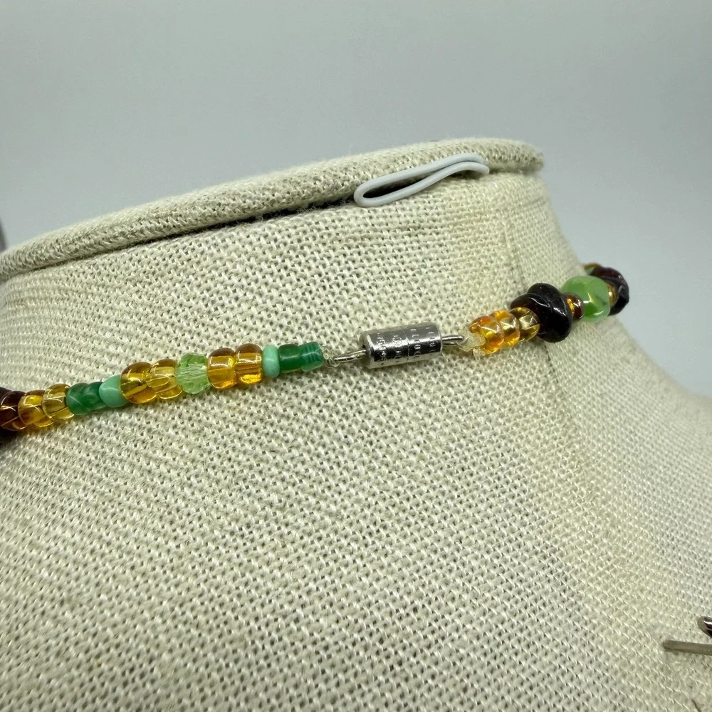 Necklace Vintage Green Amber Tone Glass Beaded Cottagecore Boho Statement Chain